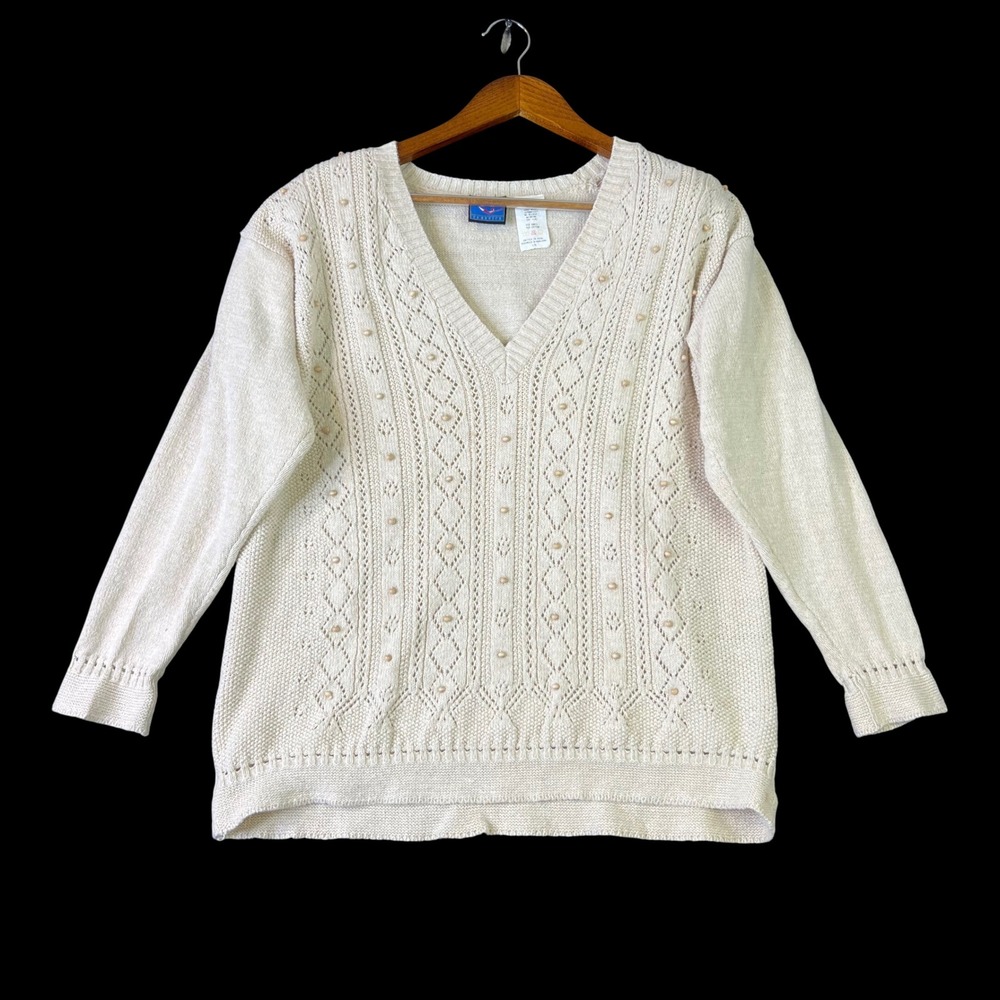 Jantzen V-Neck Pointelle Bobble Knit Sweater Large Beige Cottagecore Grandmacore